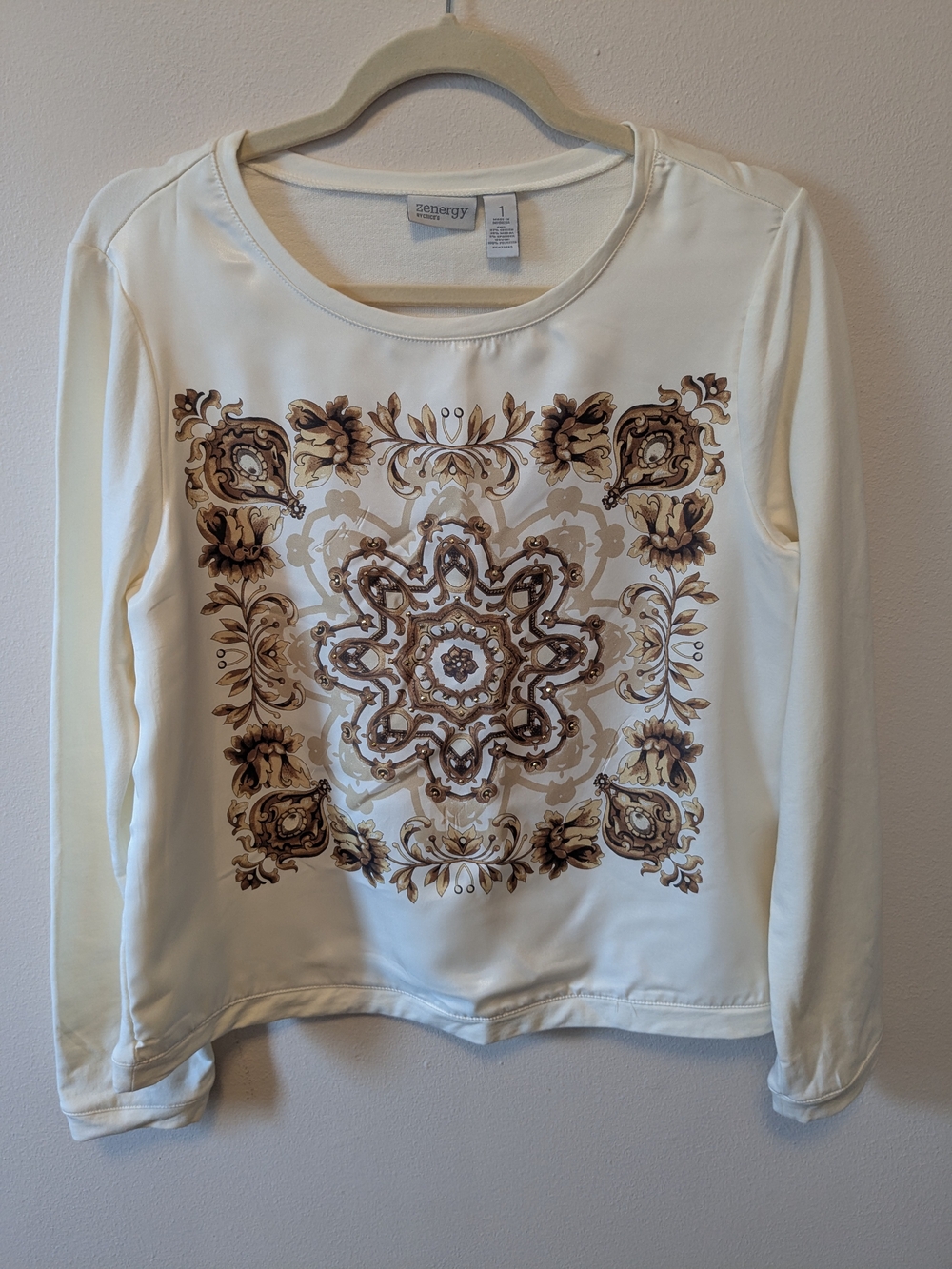 Chico's Cream Long-Sleeve Medallion Print Top